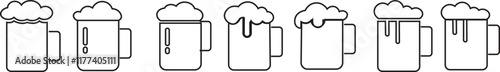 Depiction of frothy beer mug icon set isolated on transparent background. Ideal for pubs, breweries, and beer enthusiasts seeking vintage charm black flat and line vector collection drink glass symbol