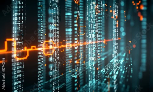 Digital data streams flow in cyberspace, glowing orange and blue, background bokeh