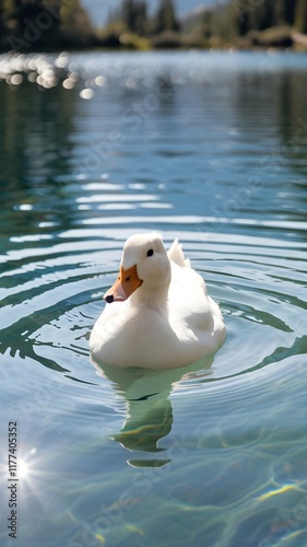 Go to Page
|12Next
A photo of a white duck with an orange beak. The duck is swimming in a crystal-clear lake. Ripples are forming around the duck. The sunlight is shining on the water photo