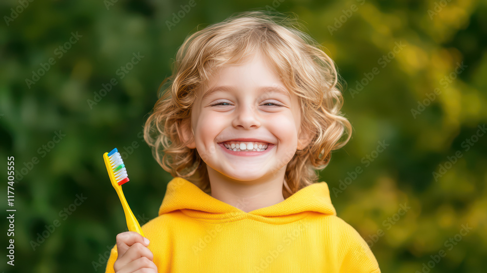 Cheerful child with curly hair holding toothbrush in sunny setting Cheerful child with curly hair holding toothbrush in sunny setting