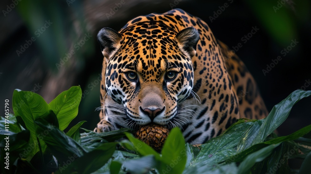 jaguar with a patterned coat rests among leaves jaguar with a patterned coat rests among leaves