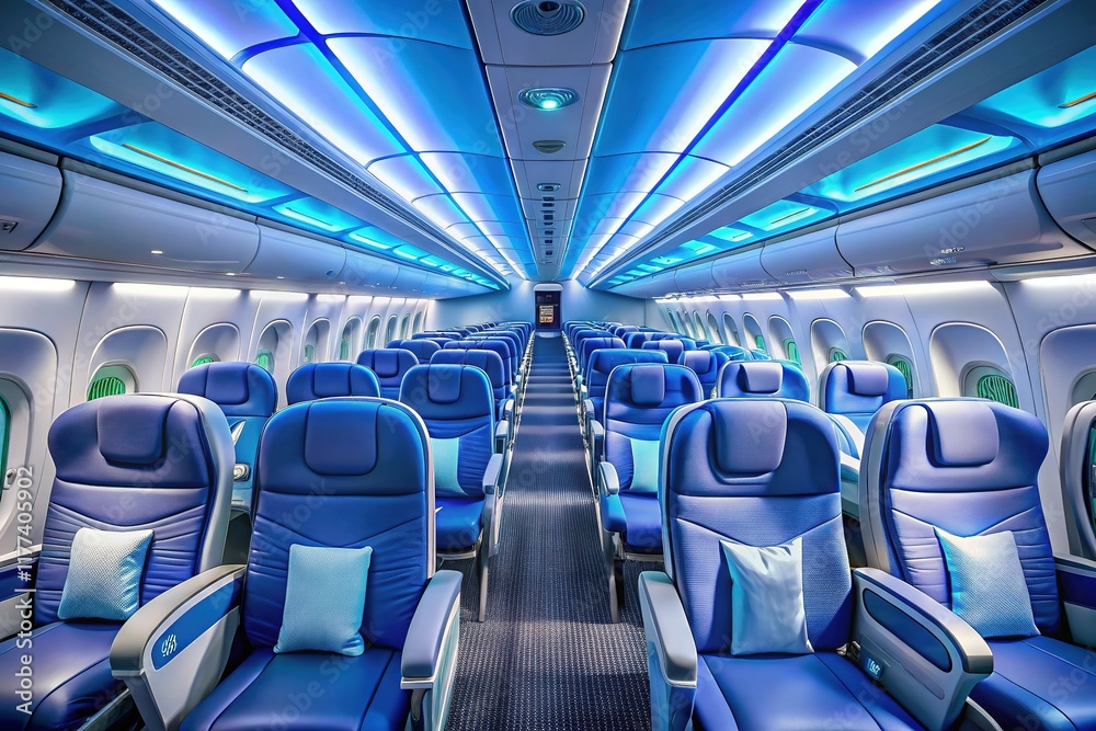Empty Boeing 737-8 Max Interior: Modern Airplane Cabin, Blue Seats, Bright Lighting Empty Boeing 737-8 Max Interior: Modern Airplane Cabin, Blue Seats, Bright Lighting
