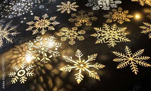 Golden snowflakes on dark fabric, bokeh background, holiday decor