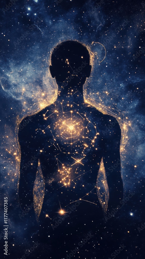 Naklejka premium Conceptual representation of a man emitting light and surrounded by a cosmic background