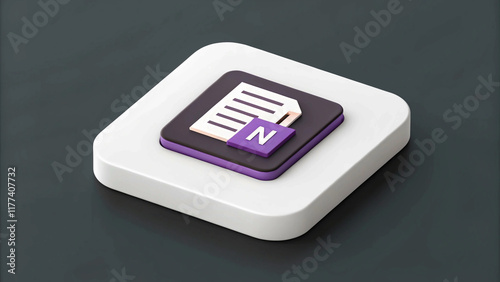Sleek 3D OneNote Logo in White Square, Set Against a Dark Gray Background