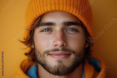 confident young man in vibrant orange hoodie smiling at camera against matching orange background, contemporary fashion portrait photo