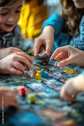 Close-up of children playing board games. Selective focus
