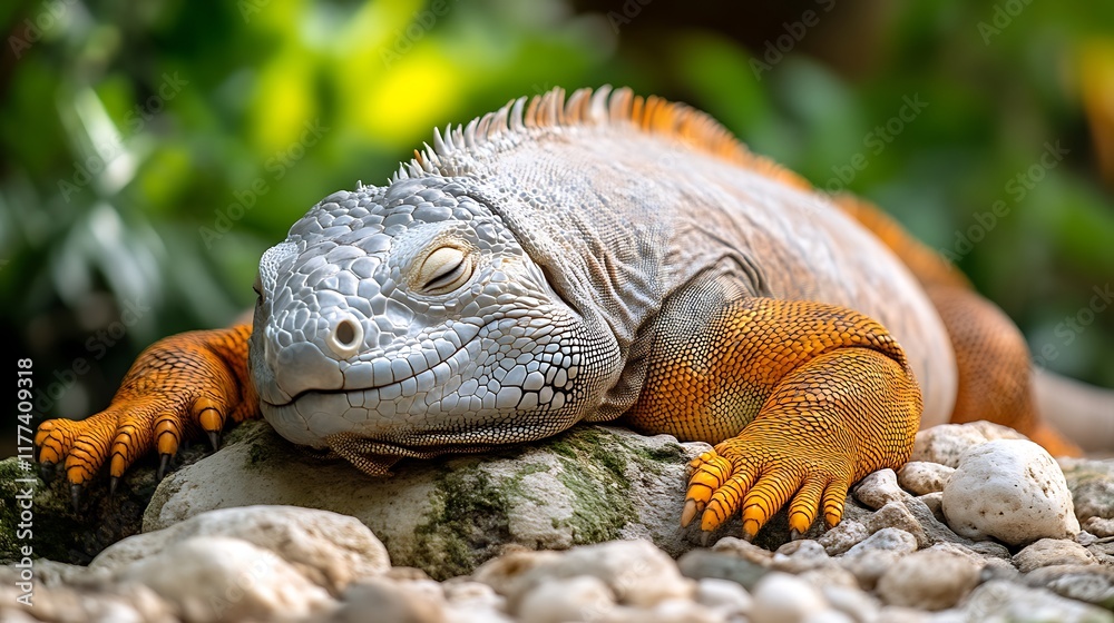 Fototapeta premium Serene Iguana: A Peaceful Reptile Resting on Rocks