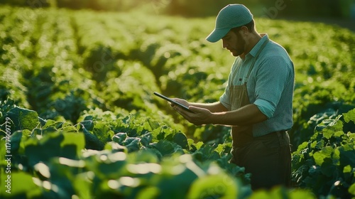Farmer Analyzing Crop Data ...