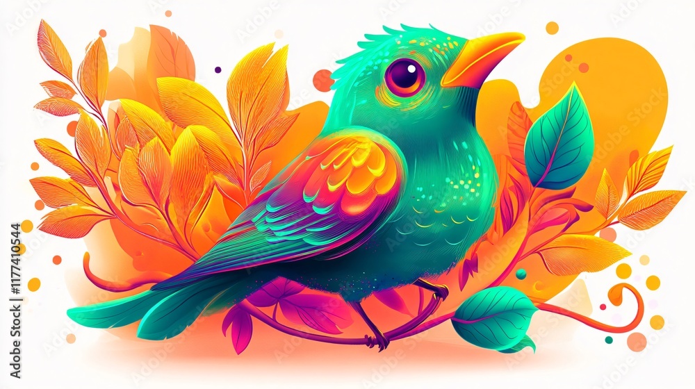 Fototapeta premium Vibrant Bird on a Branch: A Colorful Nature Illustration
