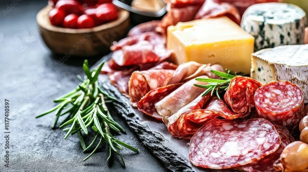 sausage and cheese slices on a cutting board. Selective focus sausage and cheese slices on a cutting board. Selective focus
