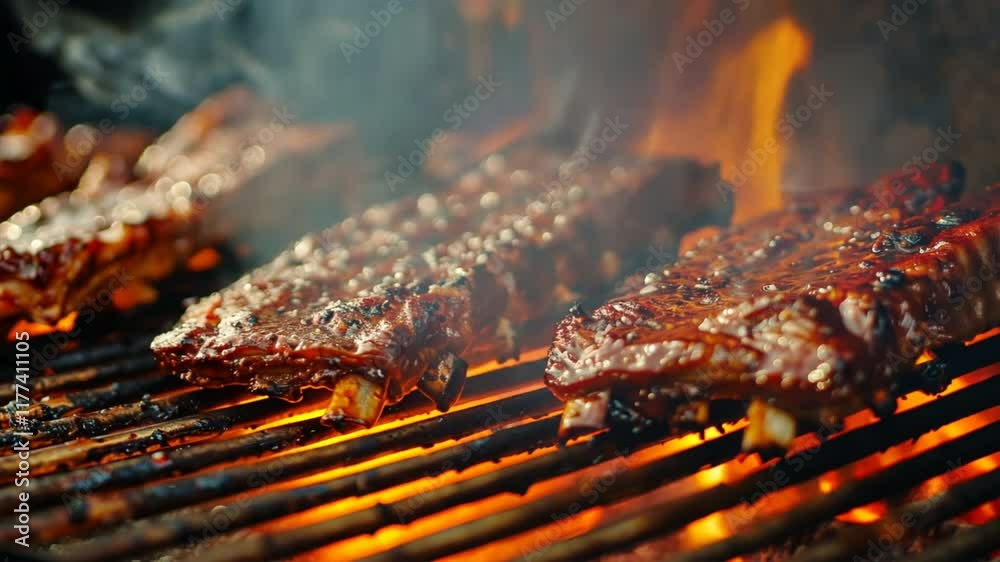 Delicious grilled meat sizzling over flames, showcasing juicy ribs with smoky glaze in appetizing outdoor cooking barbecue scene filled with vibrant colors and intense heat.
