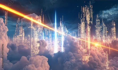 Futuristic city above clouds, sunset backdrop, digital art