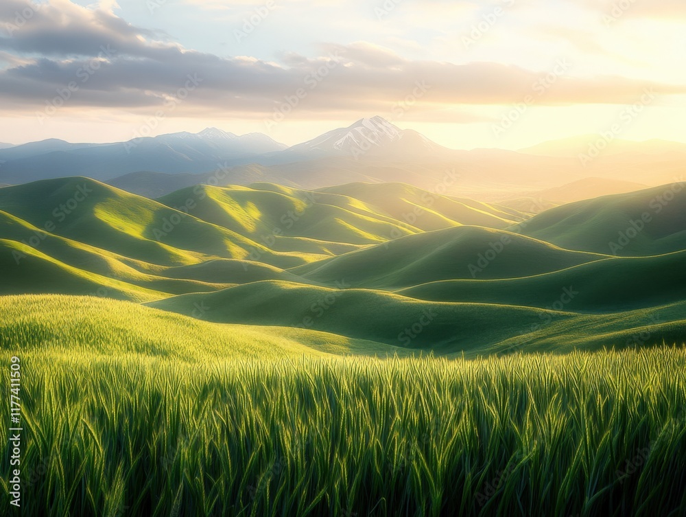 rolling green hills with a mountain backdrop under a sunset sky rolling green hills with a mountain backdrop under a sunset sky