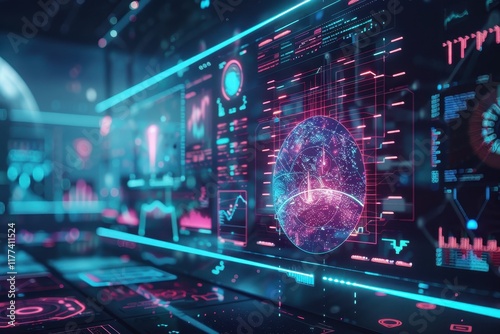 Futuristic Interface with Holographic Globe and Data Visualizations