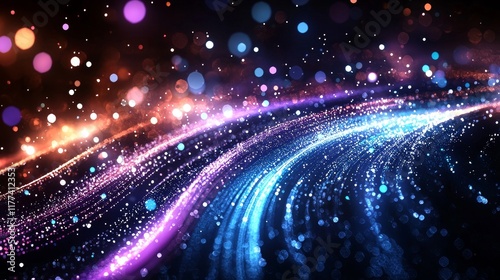 The night sky filled with vibrant fireworks, their defocused light trails stretching out like distant galaxies, merging with soft starlight in a vivid display