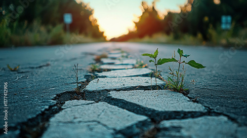 Abandoned Highway Overgrown with Weeds Under a Sunset Background in Nature photo