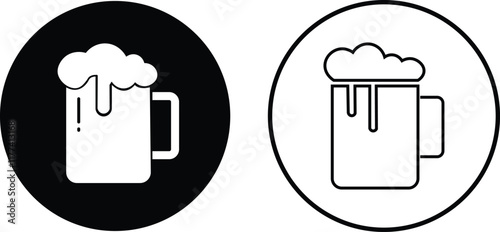 Depiction of frothy beer mug icon set isolated on transparent background. Ideal for pubs, breweries, and beer enthusiasts seeking vintage charm black flat and line vector collection drink glass symbol