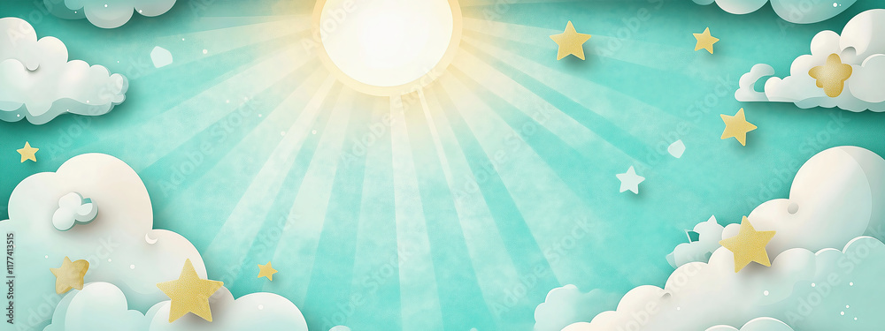 Whimsical Sky With Clouds, Stars, And Sunlight In Paper-Cut Style Whimsical Sky With Clouds, Stars, And Sunlight In Paper-Cut Style