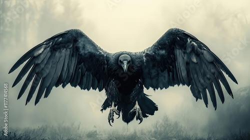 Majestic Black Vulture Soaring Through Misty Landscape photo