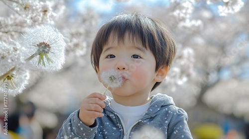 Child Smiling with Dandelion Fluff Surrounded by Blooming Cherry Blossom Trees