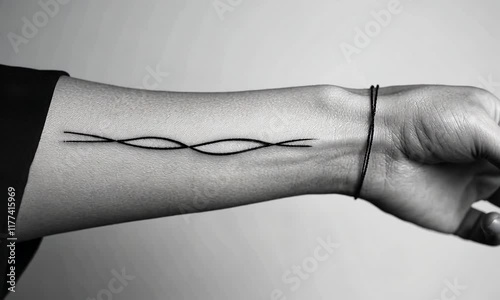 Minimalist wrist tattoo, double wave design, black thread, neutral background, body art
