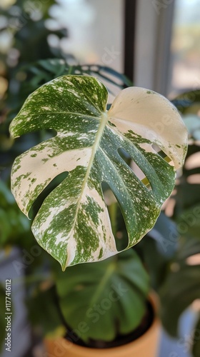 Variegated Monstera Leaf in Indoor Setting photo