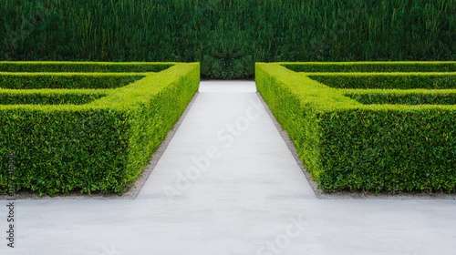 A symmetrical garden path bordered by neatly trimmed hedges creates a serene and structured outdoor space.