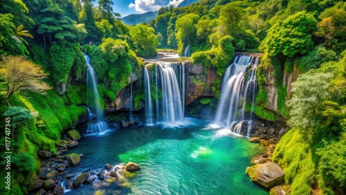 Escape to a serene waterfall oasis. Lush nature unfolds in stunning landscape photography.