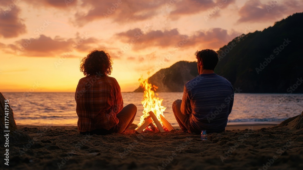 Passion Tolerance design. Two people sitting by a campfire at sunset on the beach. Passion Tolerance design. Two people sitting by a campfire at sunset on the beach.
