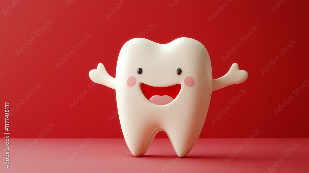 Excited tooth character with raised arms on red background, dental success concept Excited tooth character with raised arms on red background, dental success concept