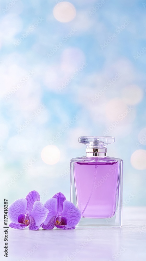 Elegant Purple Perfume Bottle Surrounded by Beautiful Orchid Flowers on Soft Background Elegant Purple Perfume Bottle Surrounded by Beautiful Orchid Flowers on Soft Background