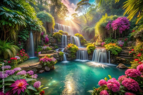 Escape to a surreal garden oasis: dreamlike flowers bloom in a magical, fantastical landscape.