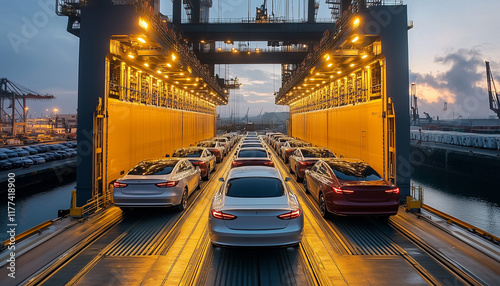 new cars being loaded on ship at harbor at night