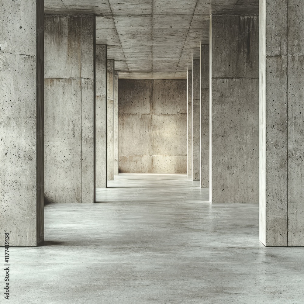 Fototapeta premium Empty concrete hallway with pillars and soft light, potential use for architectural visualization