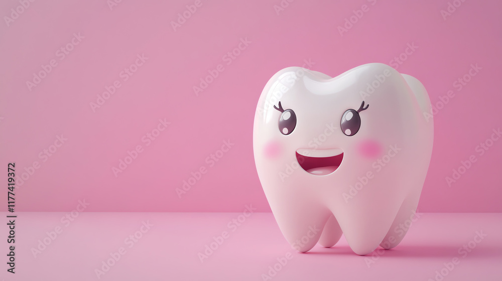 Feminine tooth character with long lashes on pink background, dental care mascot Feminine tooth character with long lashes on pink background, dental care mascot