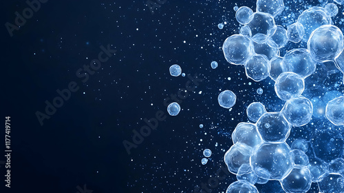 Abstract blue spheres floating, dark background, science concept, suitable for technology or medical websites.