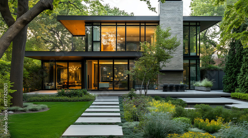 Contemporary home exterior with sleek geometric design, large glass windows, and a perfectly manicured garden  photo