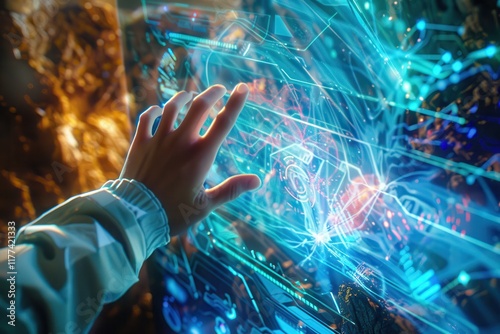 Hand Interacting with Futuristic Holographic Interface