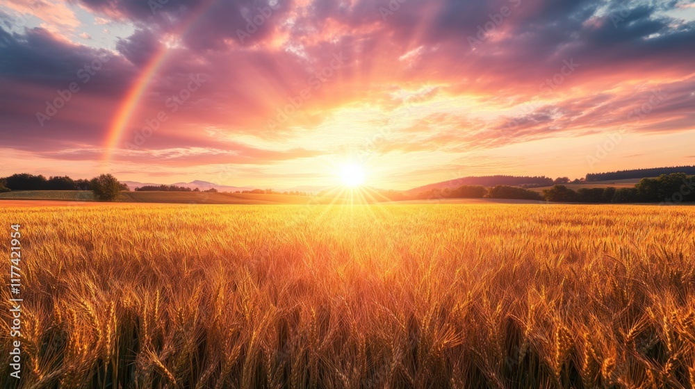 Fototapeta premium a sunset over a wheat field with a rainbow