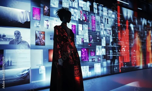 Runway show; digital backdrop; red dress; futuristic setting