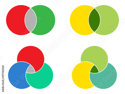 Venn diagram circle chart infographic template icon set on white background. Mathematical infographic 2 and 3 intersection area. Presentation with venn diagram. Venn diagram with overlapping circles.