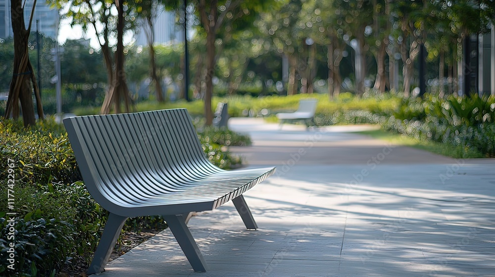 Empty park bench on paved pathway, surrounded by lush greenery and trees on a sunny day. Empty park bench on paved pathway, surrounded by lush greenery and trees on a sunny day.