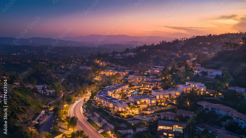 Fototapeta premium West hollywood hills apartments aerial twilight photography: stunning drone view of luxury residences at dusk. Foothill. Illustration