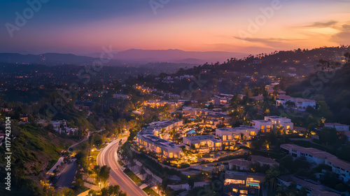 West hollywood hills apartments aerial twilight photography: stunning drone view of luxury residences at dusk. Foothill. Illustration