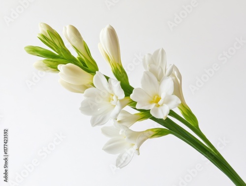 close-up of white tuberose flowers against a white background