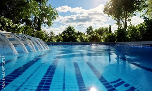 Pool waterfall cascading in sunny garden