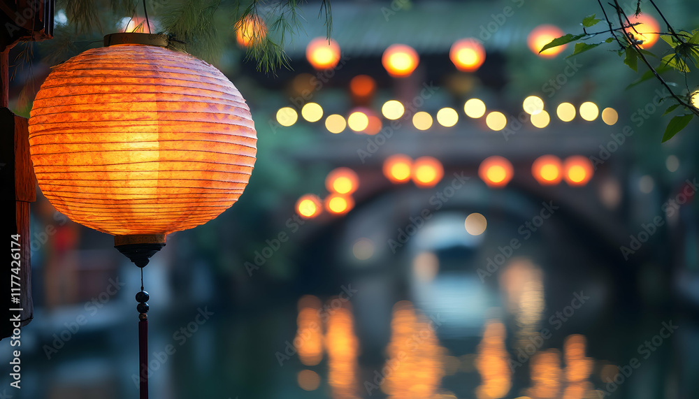 Illuminated Lantern by the Canal: A single, glowing orange paper lantern hangs delicately by a tranquil canal. Illuminated Lantern by the Canal: A single, glowing orange paper lantern hangs delicately by a tranquil canal.