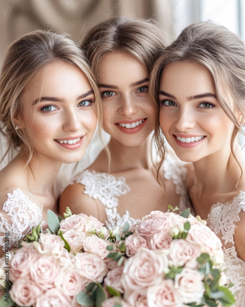Beautiful Brides with Flower Bouquets Smiling Together in Elegant Wedding Setting Beautiful Brides with Flower Bouquets Smiling Together in Elegant Wedding Setting