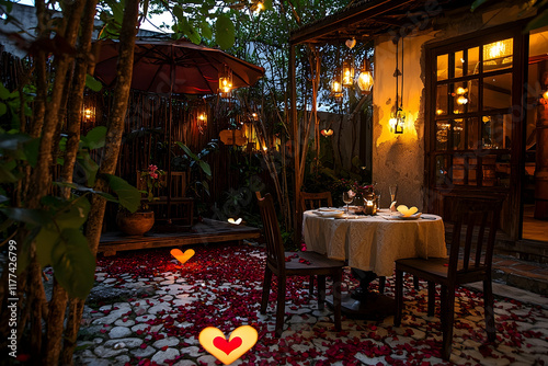 Romantic Dinner under the Stars: A candlelit table for two set in a serene outdoor patio, adorned with rose petals and string lights, creating an intimate and romantic ambiance for a special evening. photo